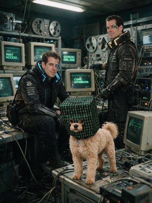 Two men in futuristic tech gear pose in a server room filled with vintage computers displaying "ROOT ACCESS," "GENESIS ONLINE," and "CDOG AUTHORIZED," while a small dog wearing a digital matrix hood stands in front of them, visually representing the Winklevoss twins' early Bitcoin investments and forays into meme culture referenced in the post.