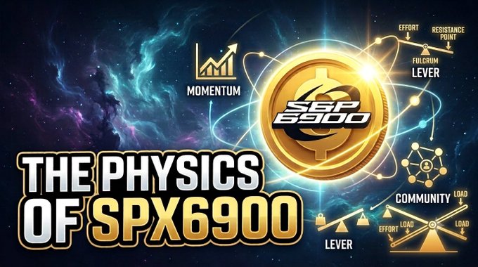 A digital graphic titled 'THE PHYSICS OF SPX6900' features a glowing gold coin with 'SPX 6900' set against a cosmic background, surrounded by physics diagrams labeling concepts like momentum, lever fulcrum, and community load.