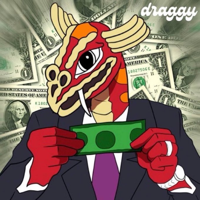 A cartoon illustration of a red dragon-headed character in a business suit holding a dollar bill, surrounded by falling US one-dollar bills, with "draggy" written in the top right corner.