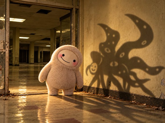 A small, smiling white plush character stands in an abandoned hallway, casting a large tentacled shadow with multiple eyes on the wall behind it.