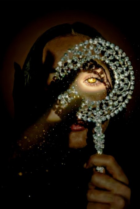A dark, artistic portrait of a woman with a striking golden eye visible through an ornate, jeweled hand mirror she holds up to her face, surrounded by shimmering particles.
