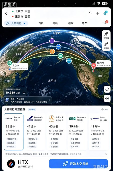A mobile app screen displaying a 3D Earth model with a route from Beijing, China to New York, USA, showing various space travel options from SpaceX, Blue Origin, CNSA, SAIC, and Boeing.