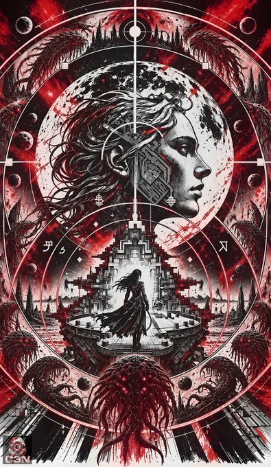 A dark fantasy digital artwork in red and black featuring a large profile of a woman's face overlaid on a moon, with a smaller figure standing in a geometric pyramid structure below, surrounded by cosmic elements, drones, and tentacle-like creatures at the bottom.