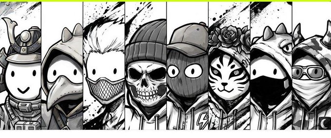 A black and white graphic illustration showing eight stylized, masked or hooded cartoon characters in a row, including figures resembling a samurai, plague doctor, spiky-haired ninja, skull-masked character, cap-wearing figure, tiger, horned creature, and bandaged figure.