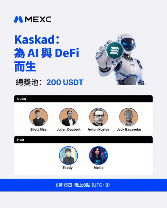 The image features a blue banner with text that says "AMA Special Session: @AppKaskad is here! Lucky Draw to Share 200 USDT The first core lending protocol in the Kaspa ecosystem is taking shape step by step". Below this, there are six images of people representing different names and genders. This content indicates an event related to a Kaskad project or initiative, possibly at an expo or conference with a theme centered around AI and blockchain technology. The posts on the organizer's social media pages also show that this is an important event they want their followers to attend.