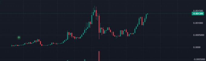 A candlestick chart on a dark background showing price movements with red and green candles, with the current price displayed at 0.001389 on the right axis and price levels ranging from 0.0000 to 0.001500.