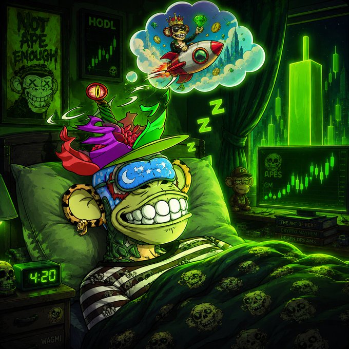 A vibrant crypto-themed digital illustration of a sleeping Bored Ape Yacht Club (BAYC) character wearing a colorful hat and sleep mask in a bed with a skull-patterned blanket, dreaming of a crowned ape on a rocket, with a glowing green candlestick chart on a monitor and a 'NOT APE ENOUGH' poster on the wall.