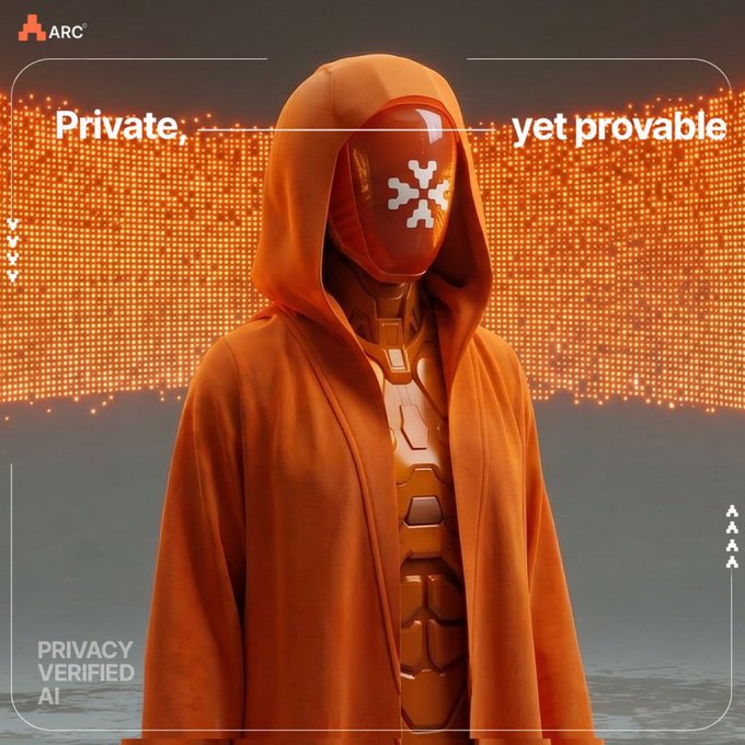 The image features a person wearing an orange hooded robe with a mask over their face that has an X symbol on it. The person appears to be standing against a backdrop of orange lights, which could represent a futuristic setting or a theme for the image. The caption reads "What @TheARCTERMINAL is building with private receipts is deeper than simple AI logging. The system creates proof without exposing the work itself." This statement suggests that the image might be related to an ARCTERMINAL project, possibly involving artificial intelligence and privacy concerns.