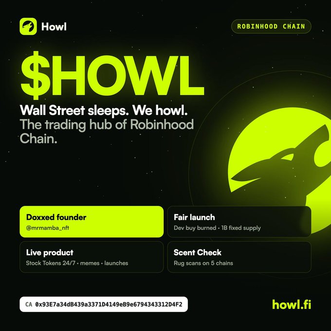 The image is a promotional graphic for $HOWL, the "trading hub of Robinhood Chain," featuring a doxxed founder (@mrmamba_nft), a fair launch with dev tokens burned and 1B fixed supply, a live product offering Stock Tokens 24/7, and rug scans across 5 chains, with the contract address 0x93E7a34dB439a3371D4149eB9e6794343312D4F2 and website howl.fi displayed. The accompanying post highlights Howl as an early project on Robinhood Chain building a Stock Token DEX, which directly aligns with the image's emphasis on its live product and trading-focused features.