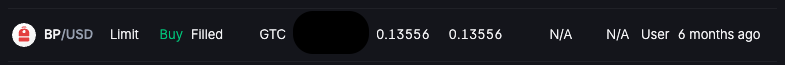 A screenshot of a trading interface shows a BP/USD limit buy order filled as GTC at 0.13556, with the quantity partially obscured, posted by a user 6 months ago.