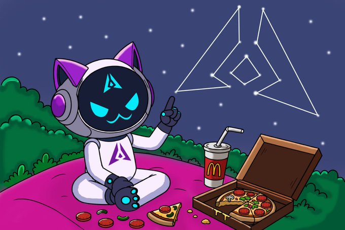A cartoon cat mascot in a white hoodie with purple cat ears and glowing blue eyes sits on a pink blanket eating pizza and drinking from a McDonald's cup, pointing at a constellation in the night sky.
