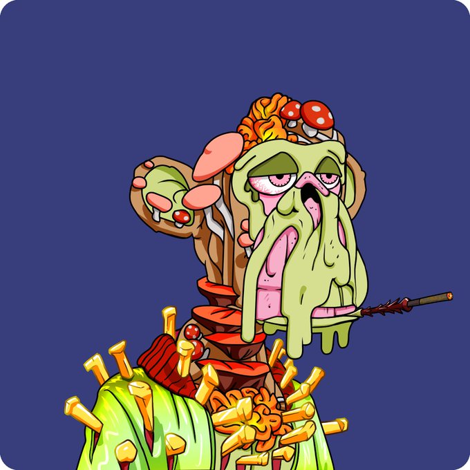 A grotesque cartoon illustration of a green, drooling zombie-like figure made of stacked fungi, meat, and bones, smoking a cigarette and looking dazed against a dark blue background.