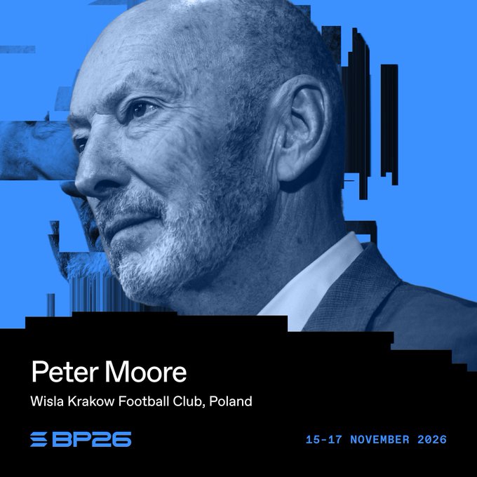 The post announces Peter Moore of Wisla Krakow Football Club as a featured speaker at the Breakpoint '26 conference, dated 15-17 November 2026. The image directly illustrates this announcement by showing a blue-tinted profile portrait of Peter Moore with the text "Peter Moore, Wisla Krakow Football Club, Poland," alongside the "BP26" event logo and dates, confirming his appearance at the Solana-focused event in Poland.