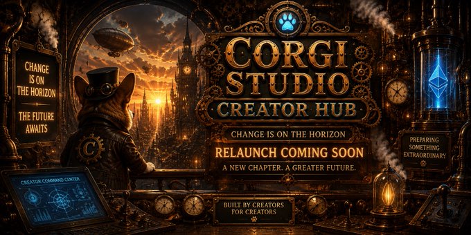 A steampunk-style promotional graphic for 'CORGI STUDIO CREATOR HUB' features a top-hat-wearing corgi, city skyline, and text including 'CHANGE IS ON THE HORIZON', 'RELAUNCH COMING SOON', and 'A NEW CHAPTER. A GREATER FUTURE.'