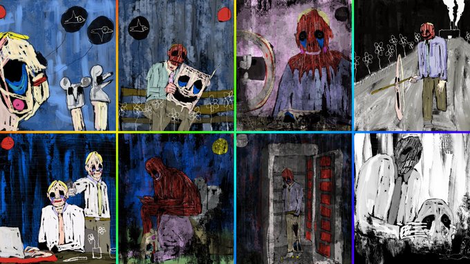 A grid of eight dark, surreal digital art pieces featuring haunting figures, skeletal characters, and somber scenes rendered in a moody, expressionistic style, displayed in colorful bordered frames to showcase the week's anticipated art drops available through "The Patron Age."