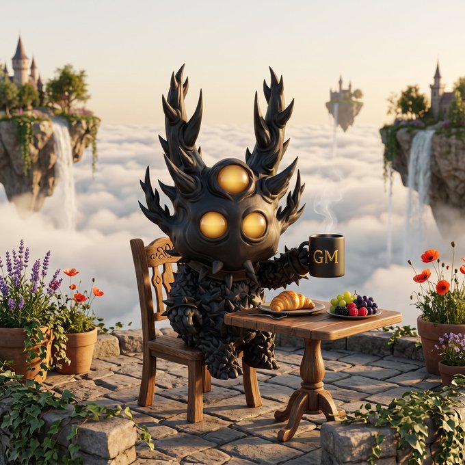 A horned, glowing-eyed creature sits at a stone table above the clouds, holding a black mug marked "GM" alongside croissants and fresh fruit, perfectly capturing a serene "Good Morning" moment floating among sky castles and waterfalls.