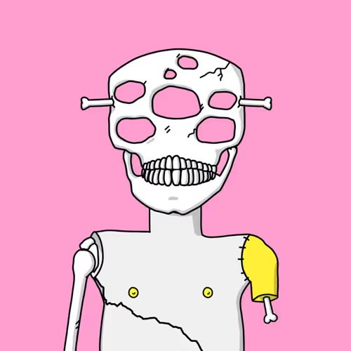 A cartoon illustration of a broken skeleton with a cracked skull, missing bones, and a patched yellow shoulder against a bright pink background.