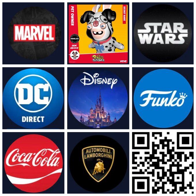 A promotional collage for VeVe Digital Collectibles features brand logos including Marvel, Star Wars, DC, Disney, Funko, Coca-Cola, and Automobili Lamborghini, alongside a Rabbiton NFT card marked "Pet Owner" and "Secret Rare." The QR code and branding highlight VeVe's partnerships with these major franchises for blockchain-based collectibles.