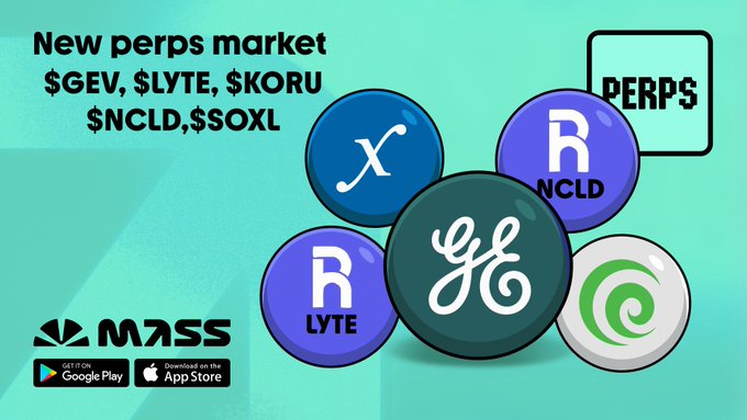 An advertisement for the MASS app announcing a new perps market for tickers $GEV, $LYTE, $KORU, $NCLD, and $SOXL, featuring circular logos for the tokens.