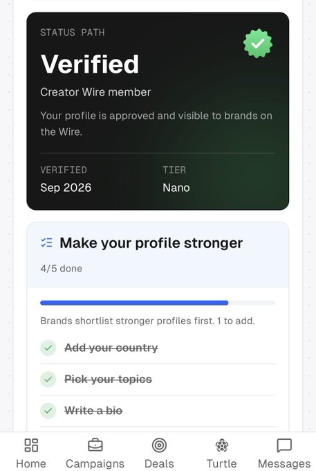 A mobile app screen showing a 'Verified' Creator Wire member status dated Sep 2026 with a 'Nano' tier and a checklist to strengthen the profile.