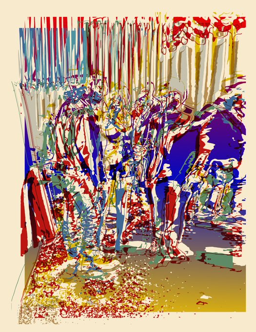 The image features a painting of people standing next to each other, with some of them wearing cowboy hats. The painting has an abstract style that makes it difficult to discern specific details or count the number of people present. The colors used are vibrant, adding to the overall visual appeal and making the artwork stand out.