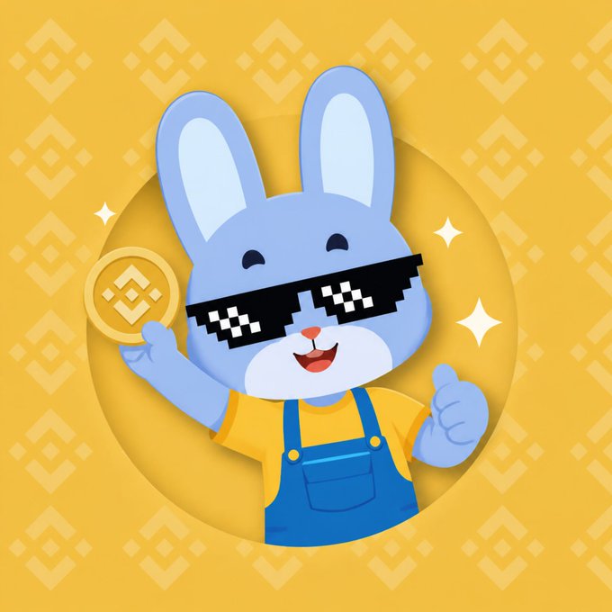 Illustration of a blue cartoon bunny wearing pixelated sunglasses and a yellow shirt with blue overalls, holding a Binance (BNB) coin against a yellow patterned background.