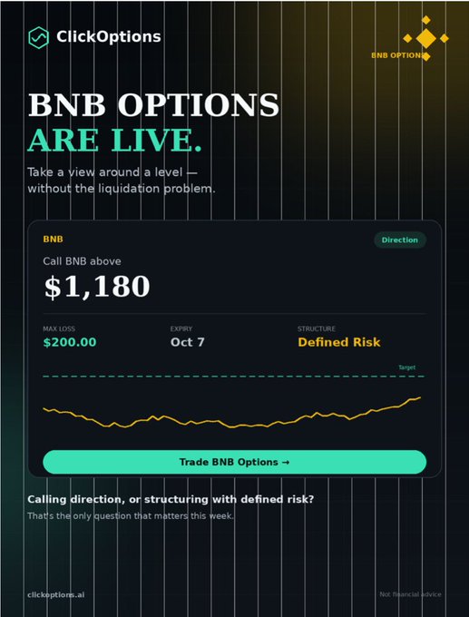 A promotional graphic from ClickOptions announces 'BNB OPTIONS ARE LIVE,' featuring a dashboard for a 'Call BNB above $1,180' trade expiring on Oct 7 with defined risk, branded with 'BNB OPTIONS' in gold.
