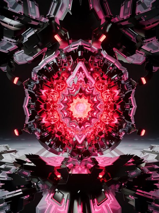 A symmetrical, kaleidoscopic digital art piece featuring glowing red and pink neon geometric patterns against a dark metallic background.