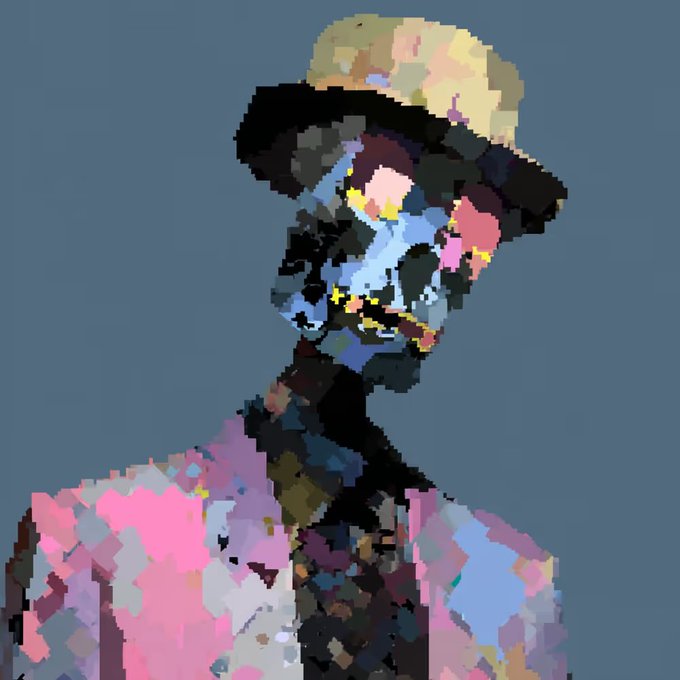 A stylized, pixelated portrait of a figure wearing a wide-brimmed straw hat, featuring a fragmented, multi-colored face against a gray background.