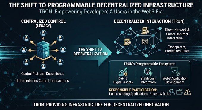 An infographic titled 'THE SHIFT TO PROGRAMMABLE DECENTRALIZED INFRASTRUCTURE' comparing centralized control legacy systems with TRON's decentralized interaction model, highlighting features like DeFi, Stablecoin integration, and Web3 application development.