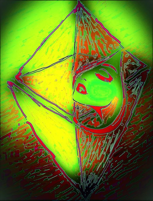 A vibrant neon-colored digital artwork of a stylized face or figure in bright green, yellow, red, and orange tones with abstract patterns.