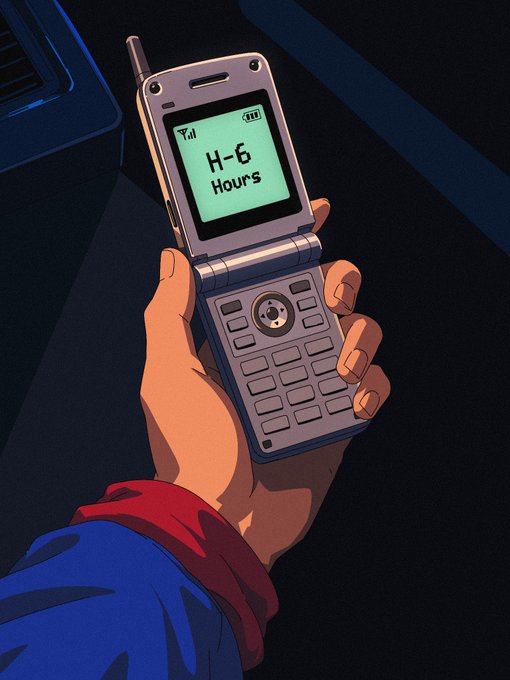 A hand holds a flip phone displaying "H-6 Hours" on its screen, echoing the post's countdown to the MIRAI NFT mint. The dim, moody lighting and retro tech aesthetic match the anticipation building toward the gMIRAI launch.