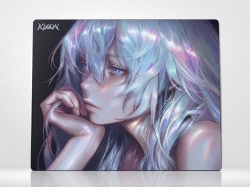 This image shows a "KUON" branded mousepad featuring the "SHIRO NIJI" artwork, which is being given away by KUON Labs.