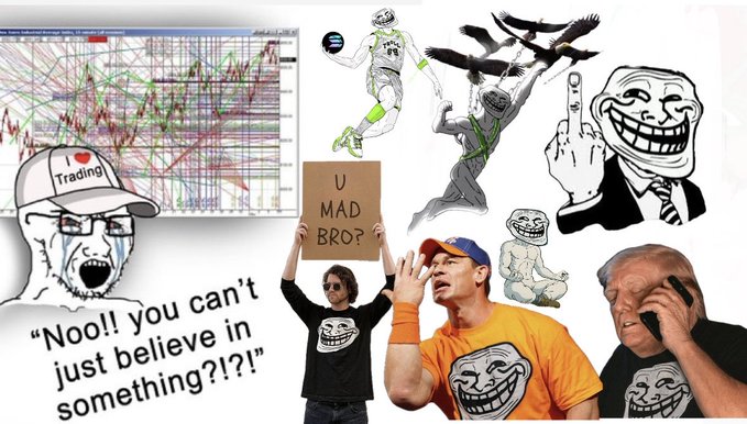 A collage of various crypto/trading memes including a 'I ❤️ Trading!' wojak, a trading chart, multiple trollfaces, and captions like 'Noo!! you can't just believe in something?!?!' and 'U MAD BRO?'