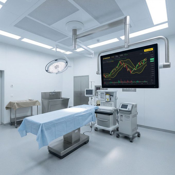 A clean, modern operating room featuring a surgical table, medical equipment, and a monitor displaying a cryptocurrency trading chart from Binance instead of medical data.