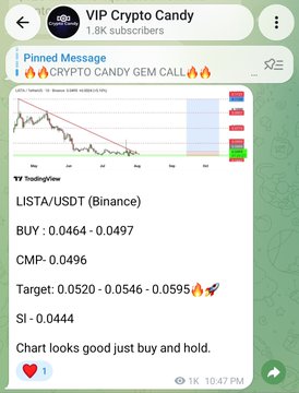 A VIP Crypto Candy Telegram channel screenshot shows a "CRYPTO CANDY GEM CALL" pinned message highlighting LISTA/USDT on Binance with a buy range of 0.0464-0.0497 and target of 0.0520-0.0546, claiming a 26% gain achievement for VIP members.