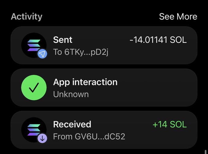 The image shows a Solana wallet activity log displaying a sent transaction of -14.01141 SOL to address "6TKy...pD2j," an app interaction, and a received transaction of +14 SOL from "GV6U...dC52." This appears to be evidence supporting the poster's claim of being drained, with the wallet address "6TKy9j2vYw165dfGHTkedS2LSoQ4MZuuZuUa7nadpD2j" identified as the alleged thief's wallet.