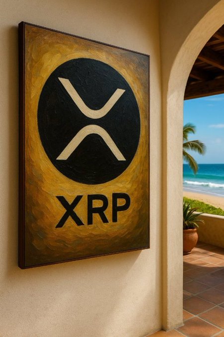 The image features an artwork depicting a beach scene with palm trees, ocean waves, and a large XRP logo displayed above it. The painting is hanging on a wall next to a doorway or entrance, possibly indicating that the beachfront property is for sale. The post includes text that reads "When I can buy a beachfront paradise because of $XRP I will hang this up". This suggests that the artwork and the beachfront property are connected in some way, with the XRP logo potentially representing the value or appeal of the property to potential buyers.