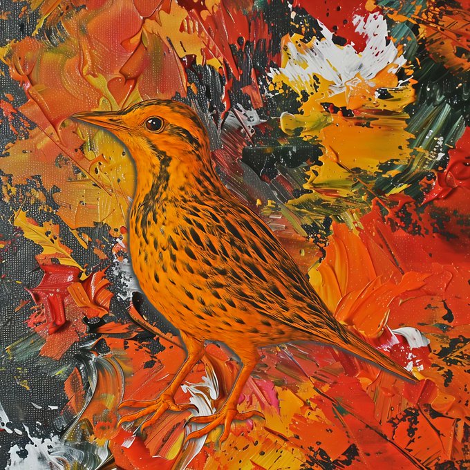 An impressionistic oil painting of a yellow and orange speckled bird, possibly a thrush, rendered in heavy impasto brushstrokes against a vibrant background of red, orange, and yellow.