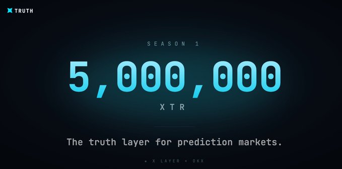 The image shows a poster with white text and numbers displayed against a dark background, indicating that the image is from Twitter's app. The numbers "5,000,000 XTR" are written prominently at the bottom of the post, along with a caption about the upcoming season. It appears to be related to the popular game, XTraits, which offers points for watching and predicting the outcomes of the World Cup. The poster also references a social media platform named "OKX", possibly meaning that this game is accessible via the OKX app on Twitter. This message likely aims to promote both the game and the upcoming season while engaging fans through its shared interest in gaming events and trends.