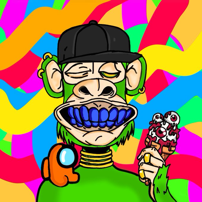 A cartoon green monkey character wearing a black cap displays a wide grin with blue teeth while holding an ice cream cone topped with eyeballs against a vibrant rainbow background.