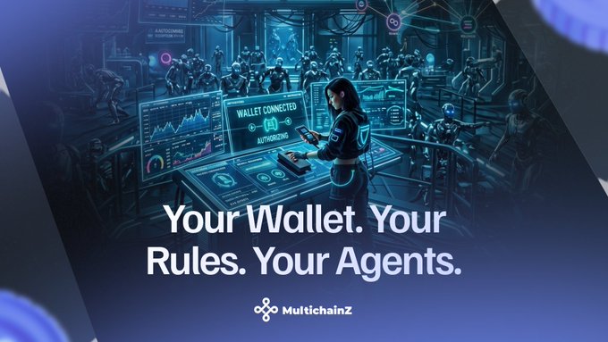 A futuristic digital illustration featuring a figure at a control panel with 'WALLET CONNECTED' on the screens, captioned 'Your Wallet. Your Rules. Your Agents.' with the MultichainZ logo.