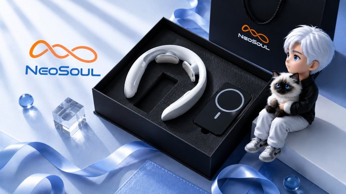 A NeoSoul product display shows a white neck massager and remote in a black gift box alongside a small figurine of a white-haired character holding a cat, set against a blue background.