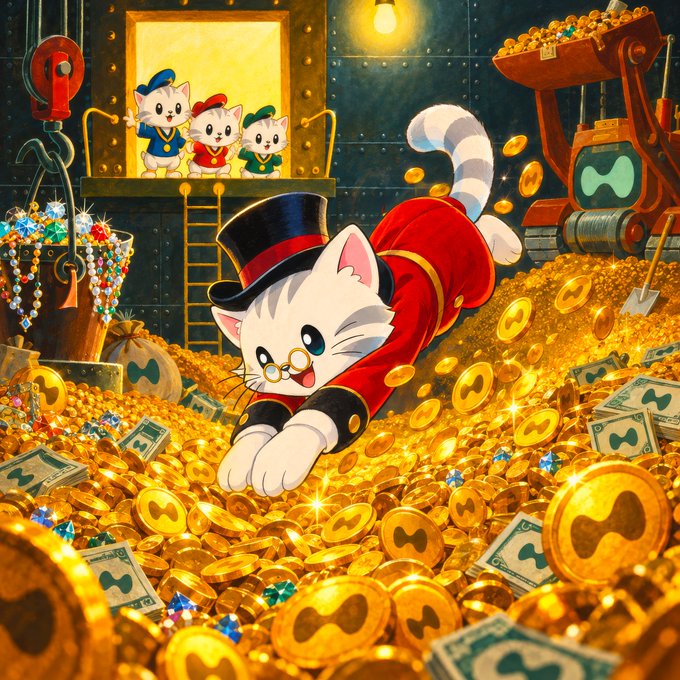 A dapper white cat in a red coat and top hat dives joyfully into a massive pile of golden coins and cash, with three smaller cats watching from a vault doorway behind him—evoking a Scrooge McDuck-style crypto fortune. The image ties to the post by reimagining CryptoPicsou with "Hypurr" energy, referencing the cute cat mascots of the Hyperliquid ecosystem.