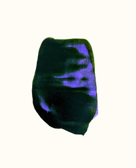 An abstract painted shape featuring dark green and purple brushstrokes on a white background.