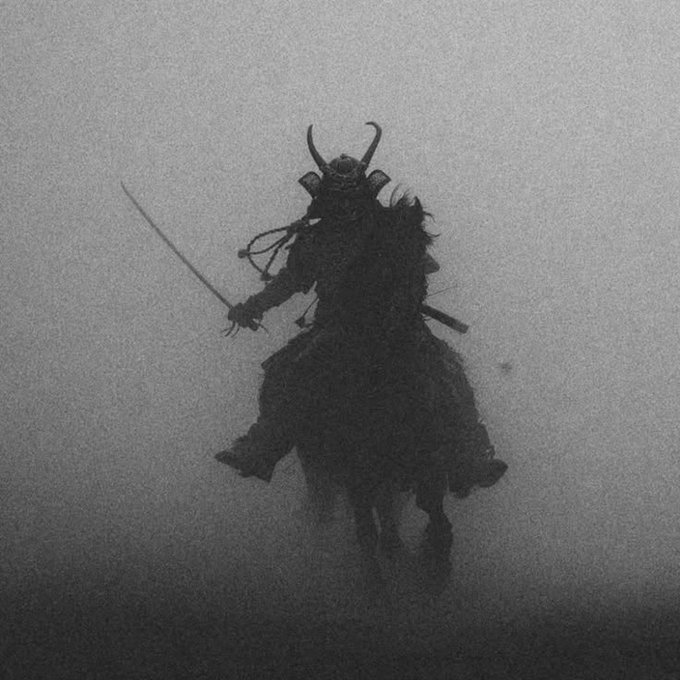 A shadowy samurai on horseback with glowing eyes wields a sword in a dark, misty void, symbolizing a battle-ready warrior. The eerie image evokes a sense of determination and resilience, fitting the post's encouraging weekend greeting.