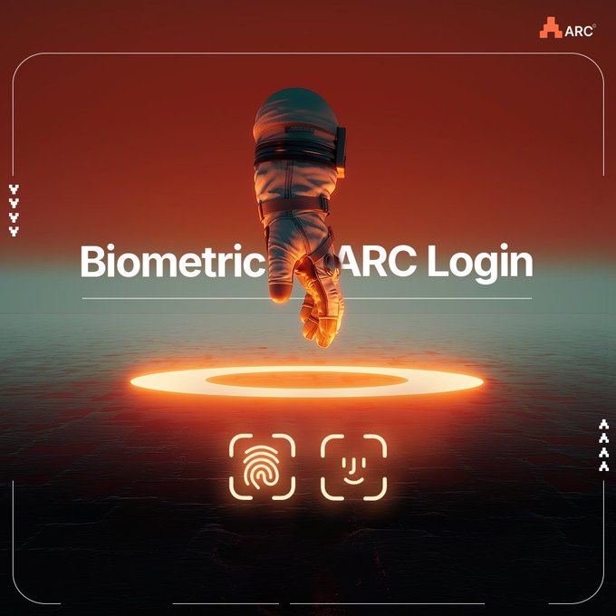 The image features a poster with an orange circle surrounded by two white squares, each containing a fingerprint. Below this design, there's text that reads "Biometric Arc login" followed by "Traditional crypto onboarding is fundamentally broken for regular users". This suggests that the poster is promoting the use of biometrics in the context of traditional crypto onboarding, which is often challenging and time-consuming for users due to the complexity of seed phrases and private keys. The poster aims to highlight how the Arc platform simplifies this process by using your own fingerprint as a secure login method.