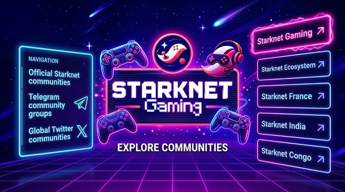 A neon-styled promotional graphic for 'STARKNET Gaming' featuring gaming controllers and a list of communities including Starknet Ecosystem, France, India, and Congo.