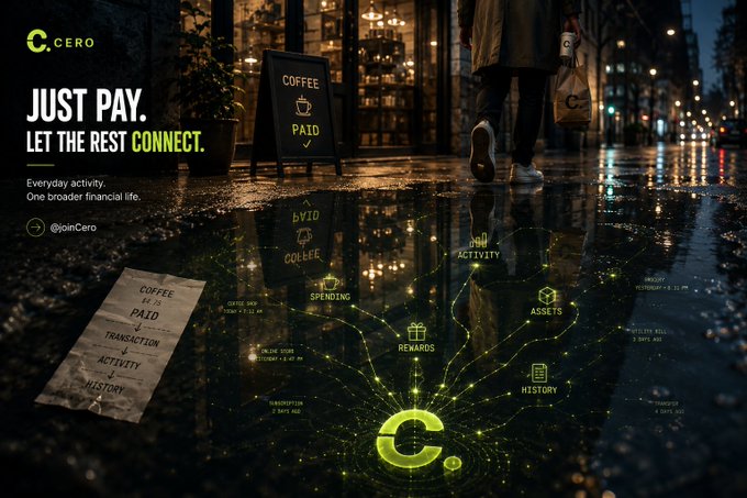 A digital advertisement for CERO featuring the text 'JUST PAY. LET THE REST CONNECT.' and '@joinCero', depicting a person walking past a coffee shop with financial icons (SPENDING, REWARDS, ASSETS, HISTORY, ACTIVITY) overlaid in the rain.