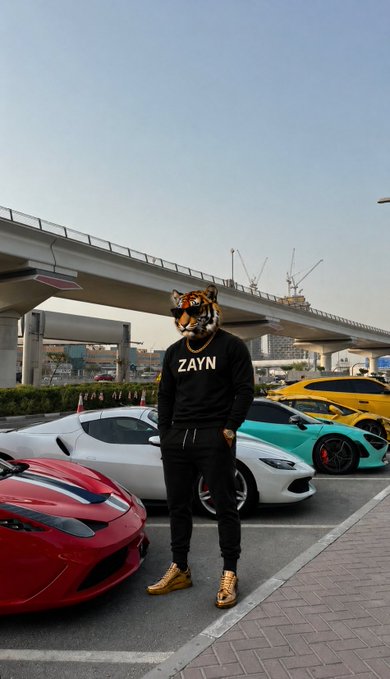 A person standing in a parking lot full of luxury sports cars, wearing a black sweatshirt with 'ZAYN' written across the chest and a tiger mask.